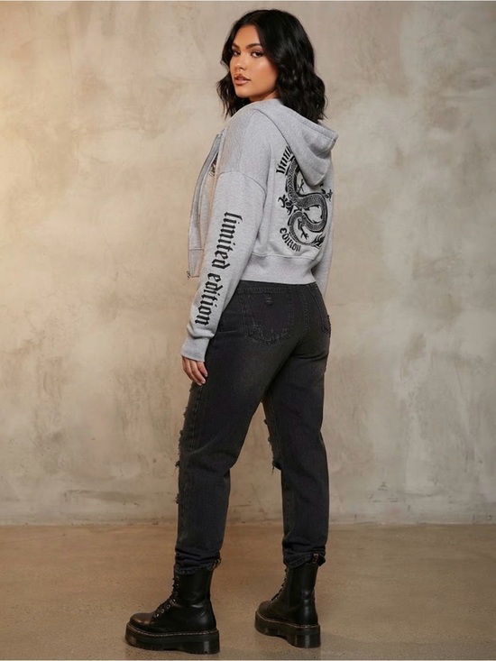 Faded Rose Jackets & Blazers - Faded Rose Gray Dragon Cropped Zip Up Hoodie Y2K Grunge Streetwear XL